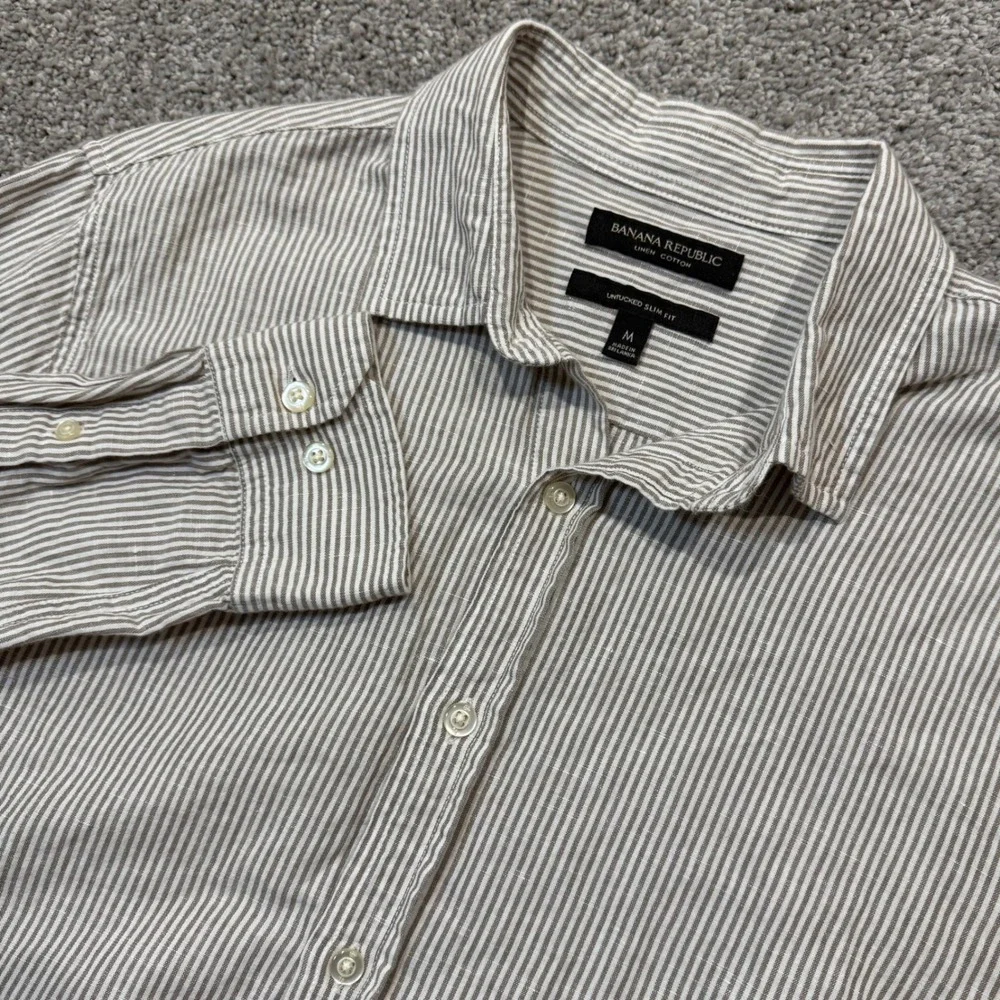 Banana Republic Mens Untucked Slim Fit Linen Cotton Striped Shirt Tan White M